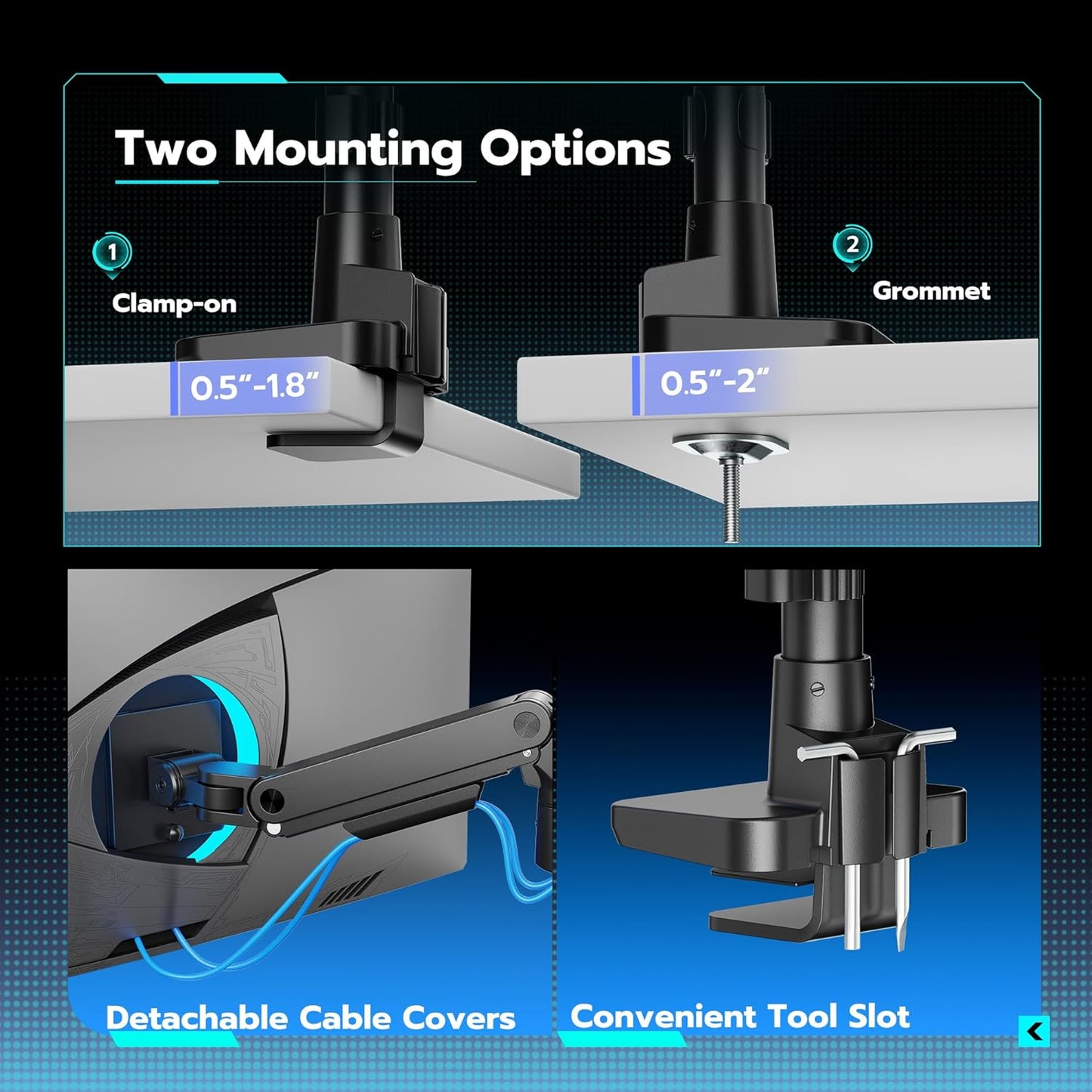 ARES WING Heavy-Duty Monitor Mount for 17-49 inches Ultrawide Curved Flat Monitors, Holds 44lbs, with 18" Extended Column for Desk, Adjustable Gas Spring, Black