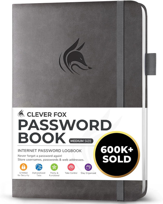 Clever Fox Password Book with alphabetical tabs. Internet Address Organizer Logbook. Medium Password Keeper for Website Logins (Gray)