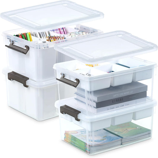Citylife 17 QT Plastic Storage Box with Removable Tray and 6 Detachable Tall Inserts Craft Organizers and Storage Clear Storage Container for Organizing Crayon, Craft, Sewing, Playdoh, 4 Packs
