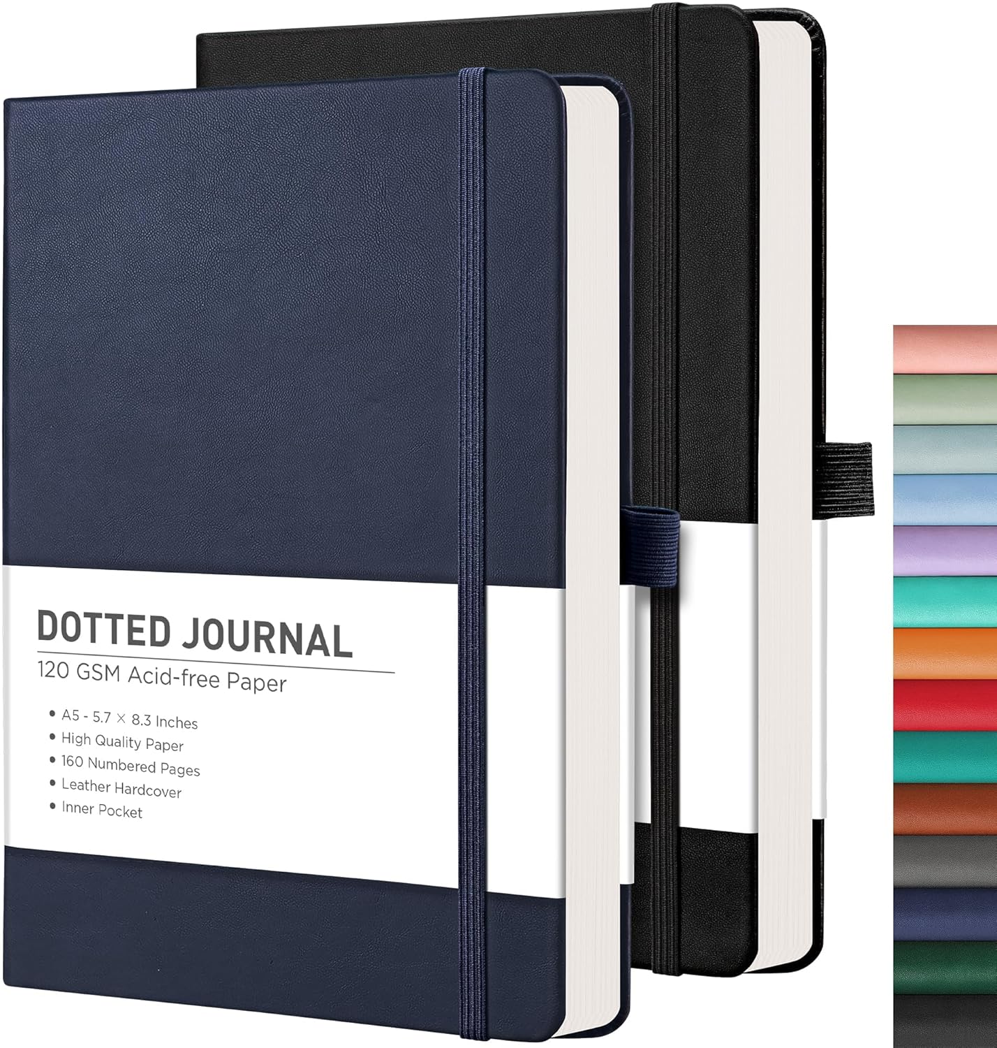 RETTACY Bullet Dotted Journal Notebook, 2-Pack, 160 Numbered Pages per Pack, A5 Medium Size (5.7'' x 8.3''), 120 GSM Thick Paper, Leather Hardcover, for Bullet Journaling (Black & Navy Blue)