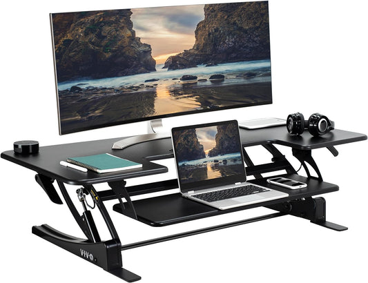 VIVO 48 inch Height Adjustable Large Stand Up Desk Converter, V Series, Quick Sit to Stand Tabletop Dual Monitor Riser Workstation, Black, DESK-V048V