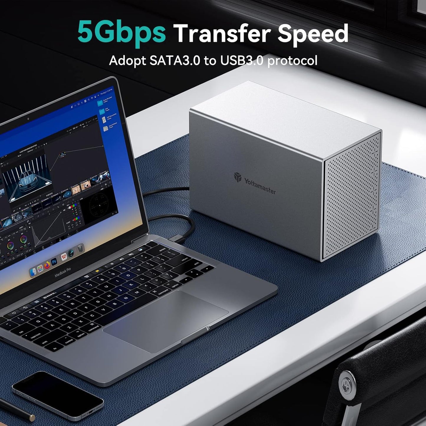 Yottamaster 5 Bay External Hard Drive Enclosure, Aluminum USB3.0 3.5" HDD Enclosure for 3.5 & 2.5 Inch SATA HDD/SSD, Support 90TB(5x18TB) Direct Attached Storage DAS, Non-RAID [PS500U3]