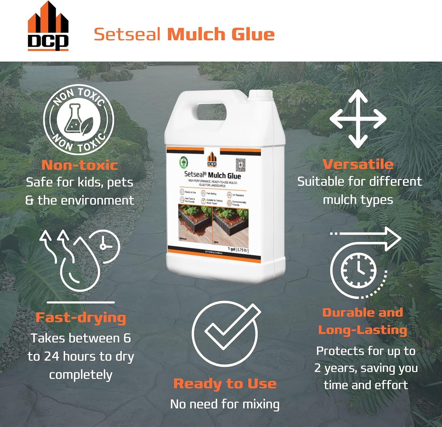 DCP Setseal Mulch Glue for Landscaping 1 Gallon - Gravel Stabilizer & Rock Glue - Works with Mulch, Pea Gravel, Pebble, Rubber Mulch, Large Gravel, Rocks - Ready-to-Use, Non-Toxic, Fast Drying