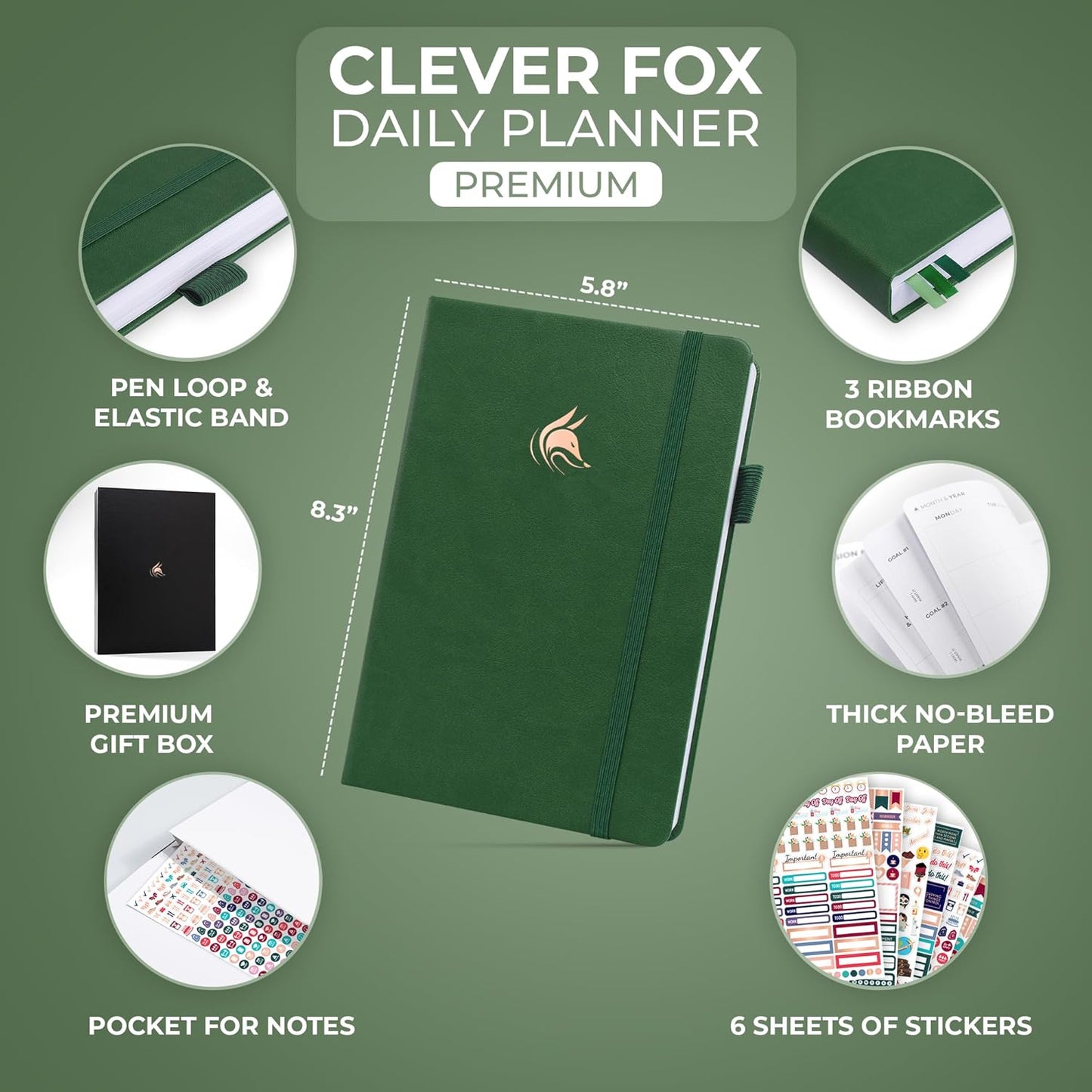 Clever Fox Planner Daily Premium – Undated Daily Planner with Hourly Schedule, Personal Organizer, Productivity Journal, 6 Months (Forest Green)