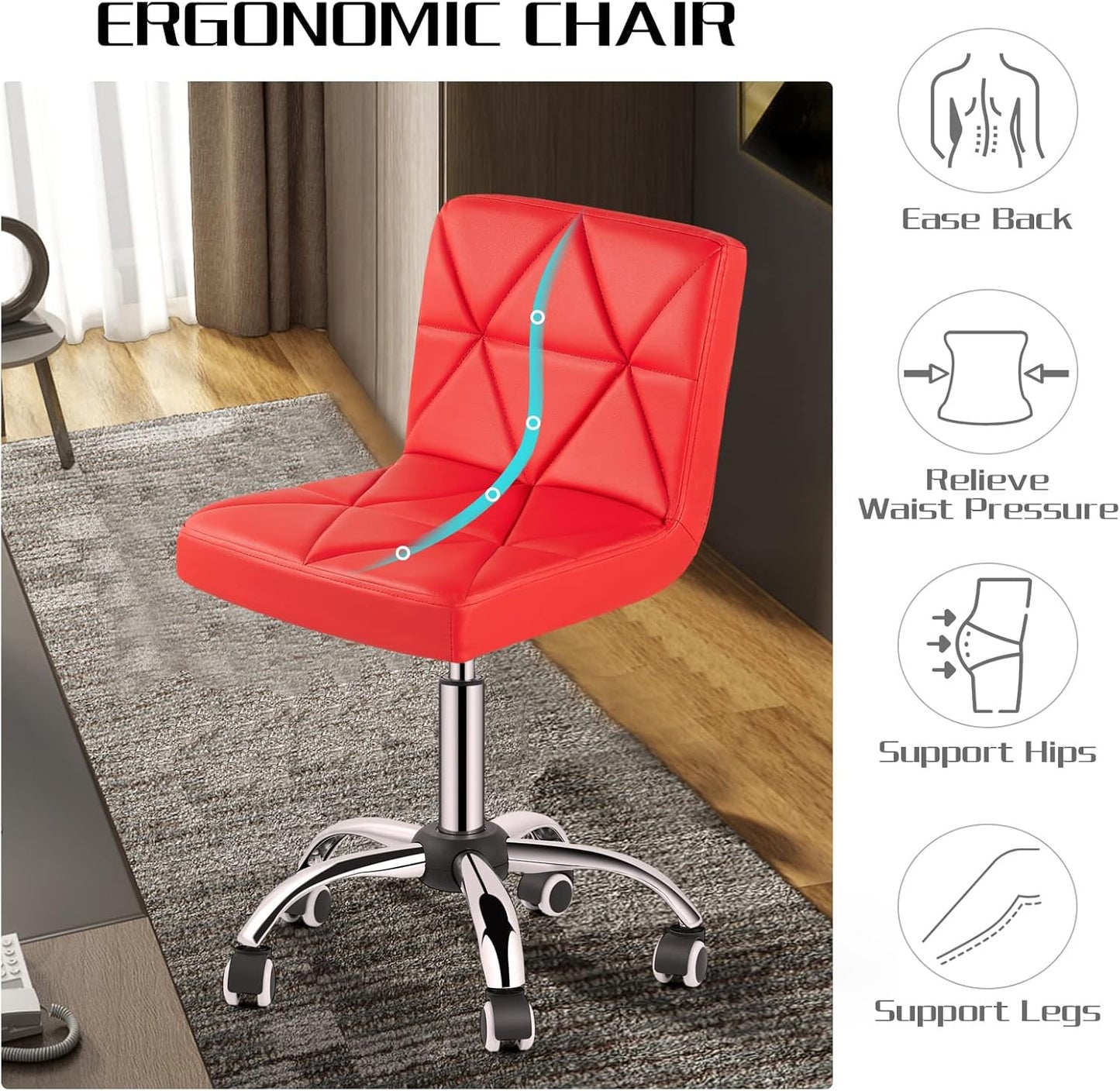 COSVALVE Armless Desk Chair, Mid Back Swivel Office Chair, Adjustable Task Chair with Rolling Wheels and Diamond Pattern, for Home Computer Barber, Red