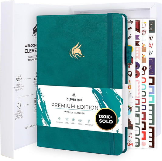 Clever Fox Planner Premium Edition – Undated Luxurious Weekly & Monthly Planner to Increase Productivity and Hit Your Goals – Organizer – Start Anytime, A5, Lasts 1 Year, Dark Teal (Weekly)