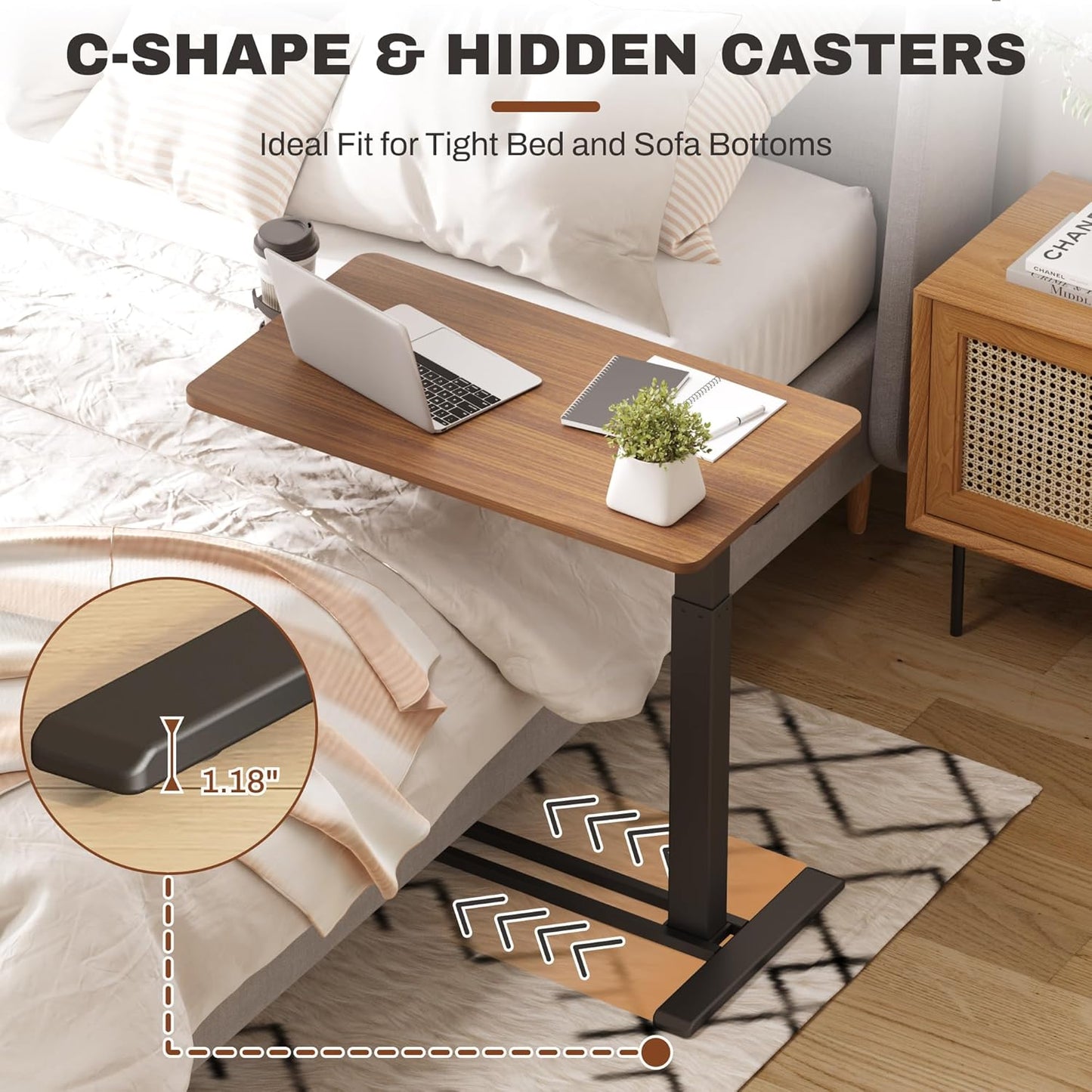 FLEXISPOT Mobile Standing Desk with Wheels Pneumatic Laptop Desk Rolling Computer Cart Movable Height Adjustable Small Sit Stand Desk Computer Workstations Home Use(31.5" W x 17.7" D, Mahogany)