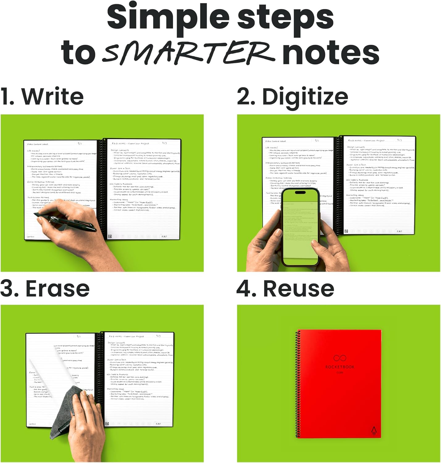Rocketbook New Core Reusable Spiral Notebook, Letter Size 8.5x11, Red - Lined Pages, App-Connected, Erasable, Durable Cover, Ideal for School, Work, and Creative Projects