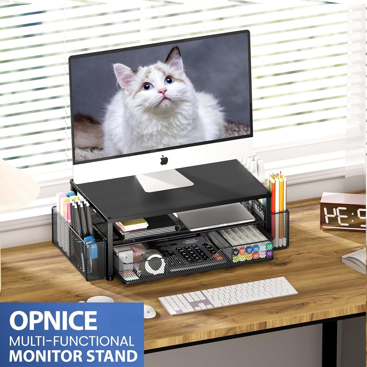Desk Organizer and Accessories, 2-Tier Computer Monitor Stand Riser with Drawer and 2 Pen Holders, Laptop Stand, Office Desk Accessories for Office Supplies, Black