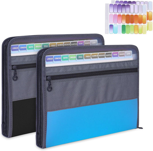 MEGREZ Expanding File Folder with 13 Pockets, 2 Pack A4 Paper File Folder with Zipper Color Labels, Waterproof Accordion File Folder Organizer for Home Office, Blue & Black