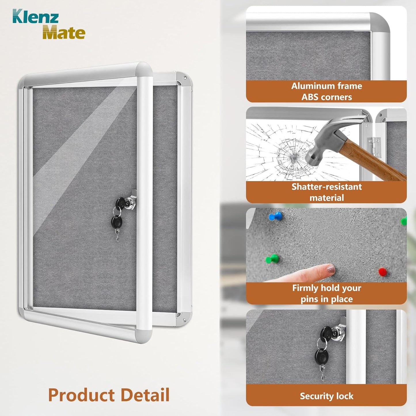 20"x14" Enclosed Bulletin Board Tamper-Proof Dispaly Case,Grey Fabric&Aluminium Frame,Shatter Resistant Lockable Bulletin Board with Clear Acrylic Door for School,Office,Mall,Community,Hospital,Church