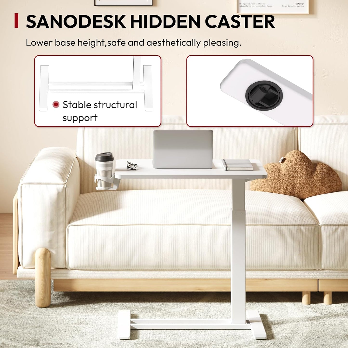 SANODESK Mobile Standing Desk with Hidden Wheels,Pneumatic Laptop Desk Rolling Computer Cart Movable Height Adjustable Small Sit Stand Desk for Home Office(27.6" W x 15.7" D, White)