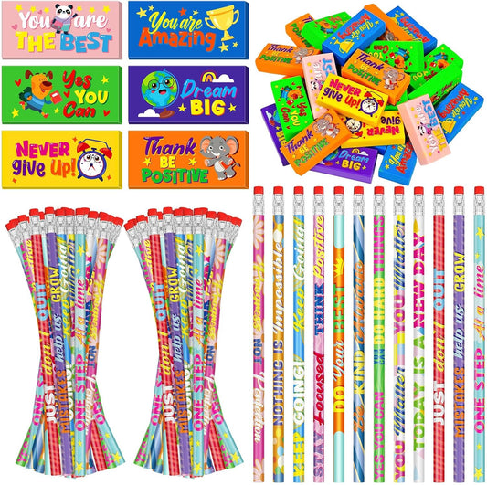 Cinrobiye 100 Pcs Inspirational Pencils with Erasers for Kids，Motivational Pencil Erasers Bulk Back to School Gifts Supplies Party Favor Goody Bag Fillers for Students Classroom Teacher Prizes Reward
