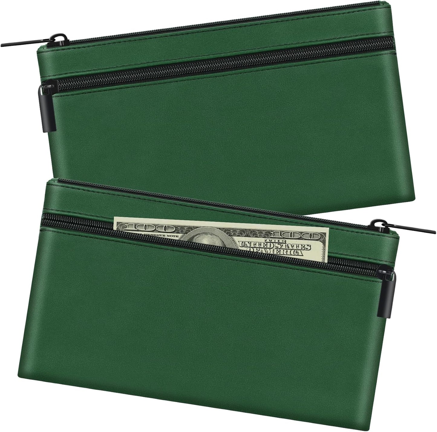 HAUTOCO 2 Pack Money Bag with Zipper 11x6.1 inch Money Pouch with Lined PU Leather Bank Bag Two Pockets Utility Wallet for Cash Check Receipt Coins Cosmetics, Deep Green