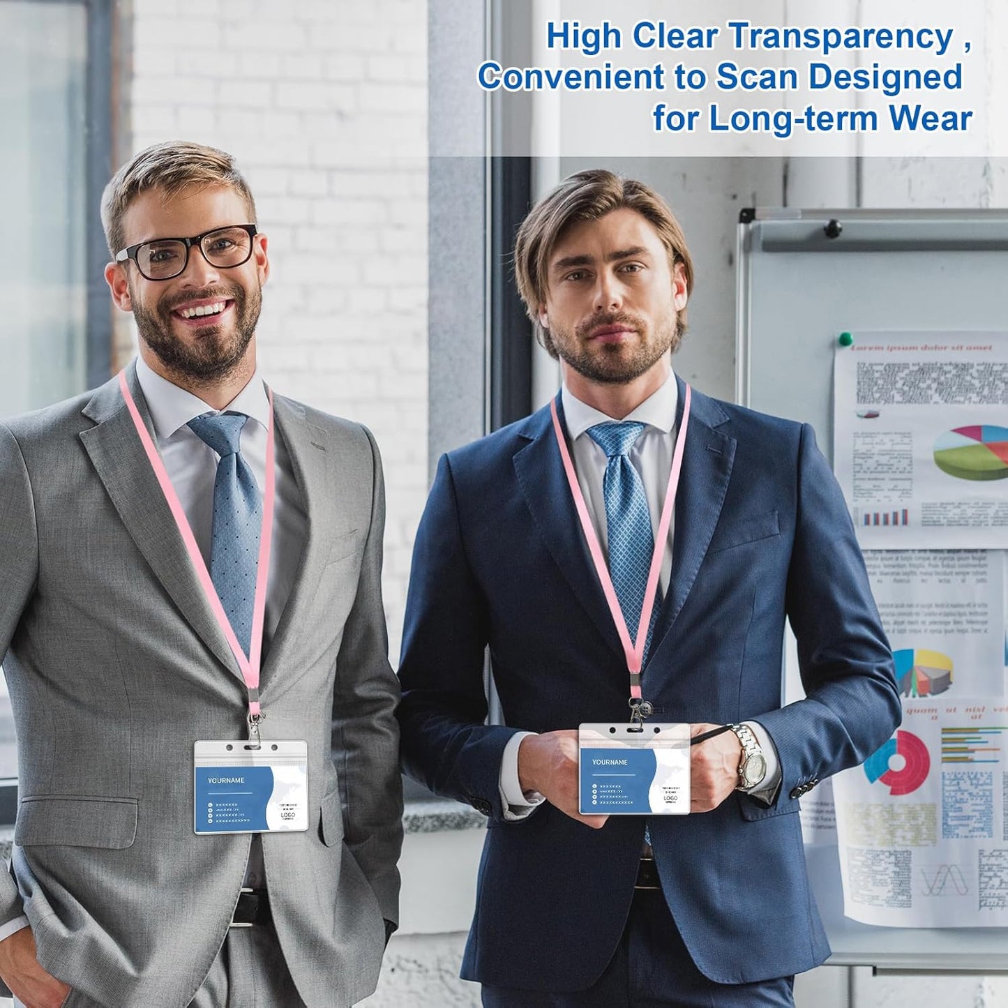 100 Pack Lanyards for ID Badges with Clear Name Tags, Reusable Lanyards Horizontal ID Card Badge Holders Plastic Name Badges for Men Women Kids Business School and Office Supplies (Pink)