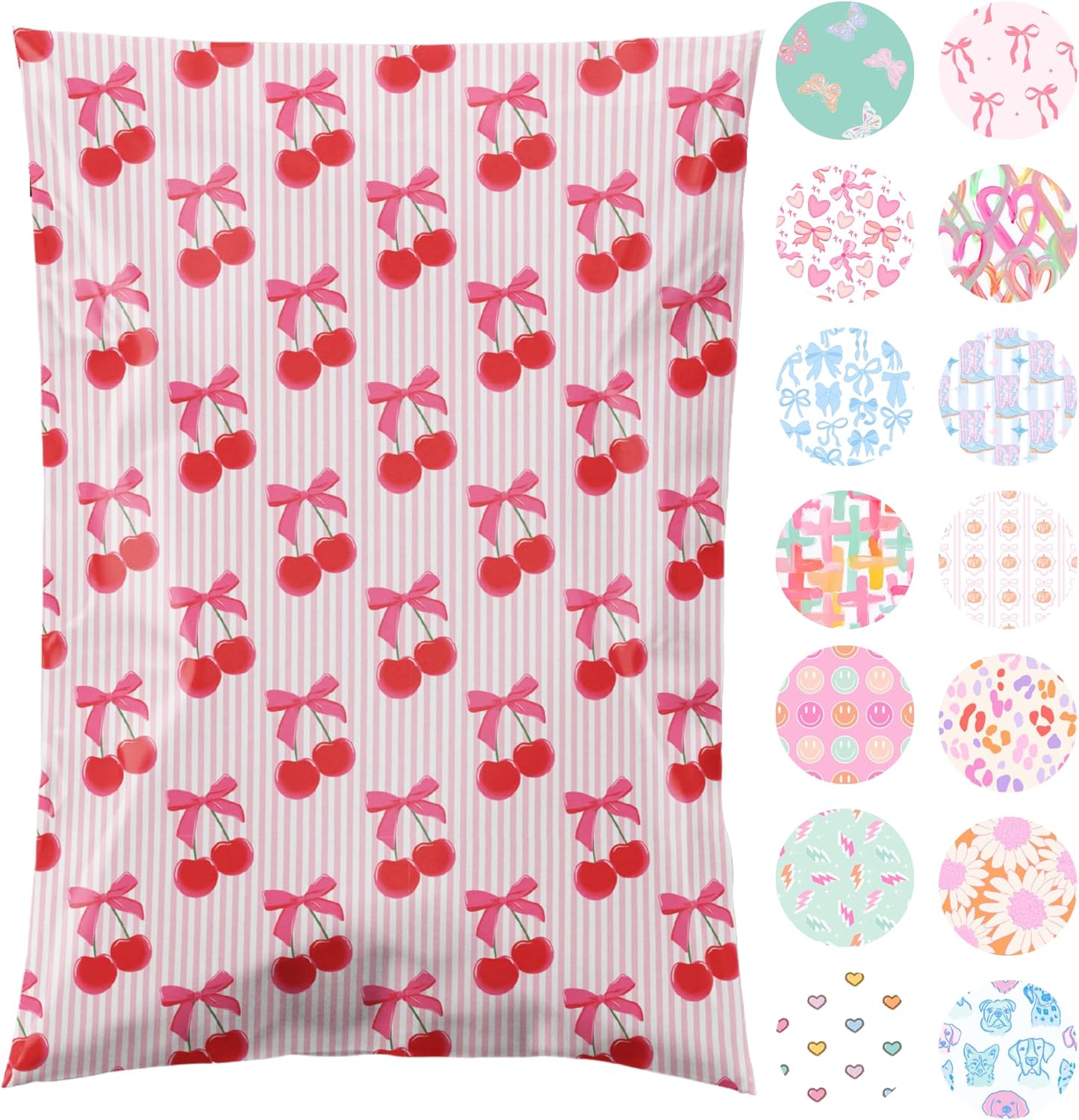 6x9 Designer Poly Mailer 100 Pack Heavy Duty Waterproof Self Seal Shipping Bags for Small Business Large Mailing Envelopes Bulk Tear Resistant Packaging Pink Stripe Cherry Fruit