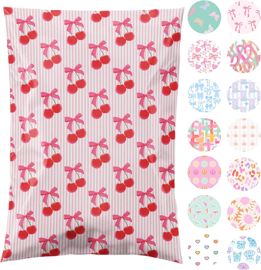 10x13 Designer Poly Mailer 100 Pack Heavy Duty Waterproof Self Seal Shipping Bags for Small Business Large Mailing Envelopes Bulk Tear Resistant Packaging Pink Stripe Cherry Fruit