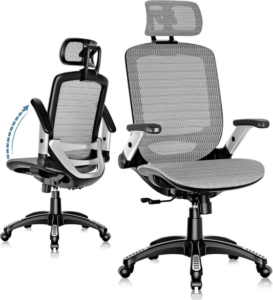 GABRYLLY Ergonomic Office Chair, High Back Home Desk Chair with Headrest, Flip-Up Arms, 90-120° Tilt Lock and Wide Cushion, Big and Tall Mesh Chairs for Man Woman, Grey Task Chair