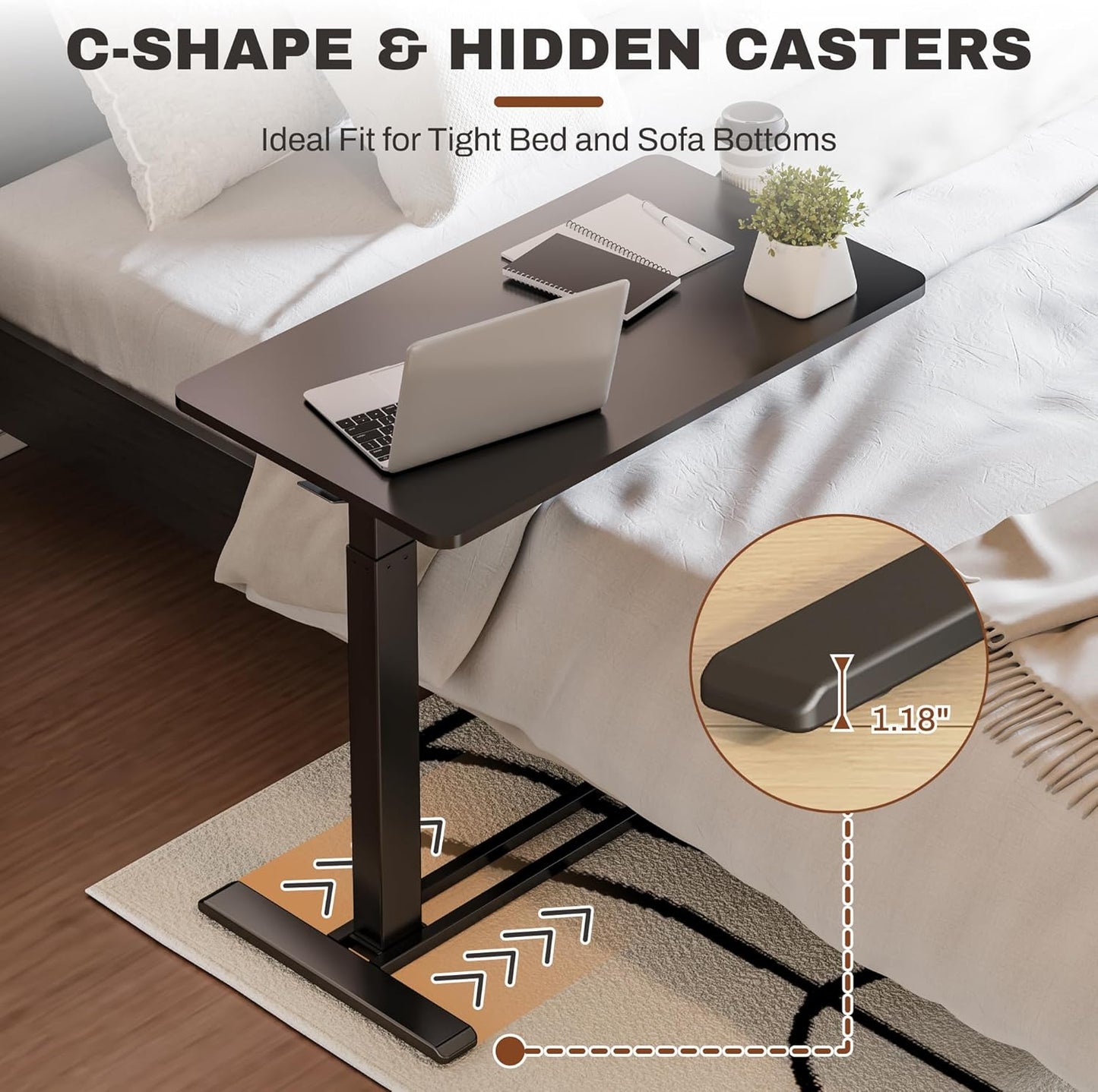 FLEXISPOT Mobile Standing Desk with Wheels Pneumatic Laptop Desk Rolling Computer Cart Movable Height Adjustable Small Sit Stand Workstation Home Use (31.5" W x 17.7" D, Black)