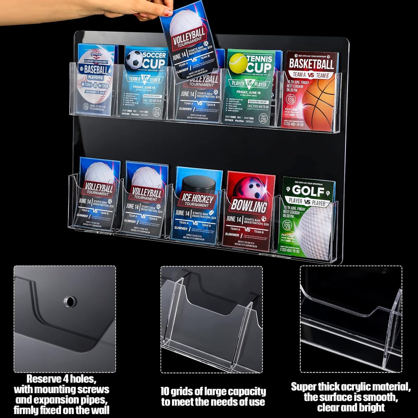 Eersida 10 Pockets Acrylic Brochure Pamphlet Holder Brochure Display Stand Business Tri Fold Multi Slot Holder Rack Wall Mount Clear Pocket Space Saver for Flyer Literature Menu Advertise
