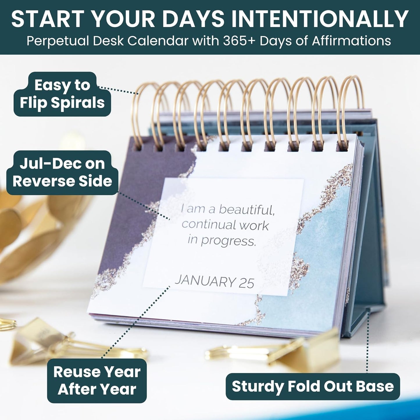 bloom daily planners Undated Perpetual Desk Easel/Inspirational Standing Flip Calendar - Motivational Page a Day - (5.25" x 5.5") - Positive Daily Affirmations