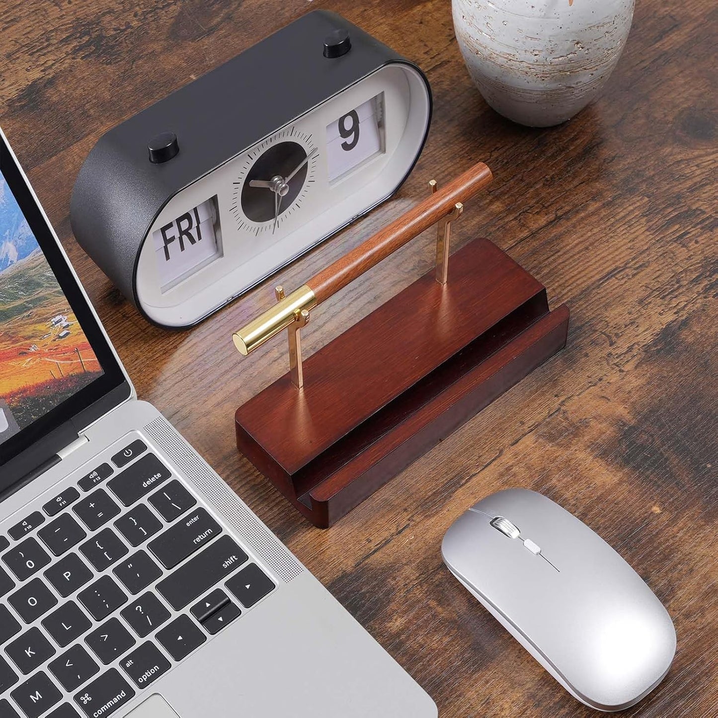Pen Holder Desk Organizers and Accessories Desk Decor ，Exquisite Wooden Pen Holder ，with a Cool Pen and Two Refills for Office and Home (Style A)