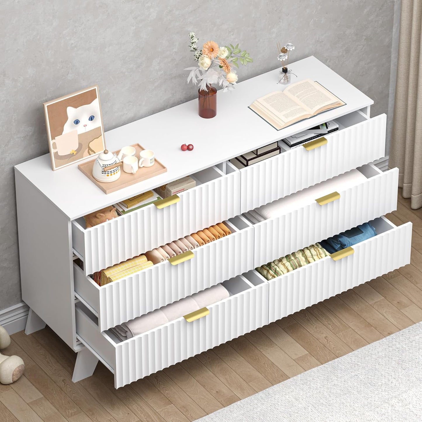 Fluted 6 Drawer Dresser, 47.2" Wide Modern Boho Chest of Drawers, Wooden Storage Dresser TV Stand for Bedroom, Living Room, Closet, Hallway, Curved Profile Design