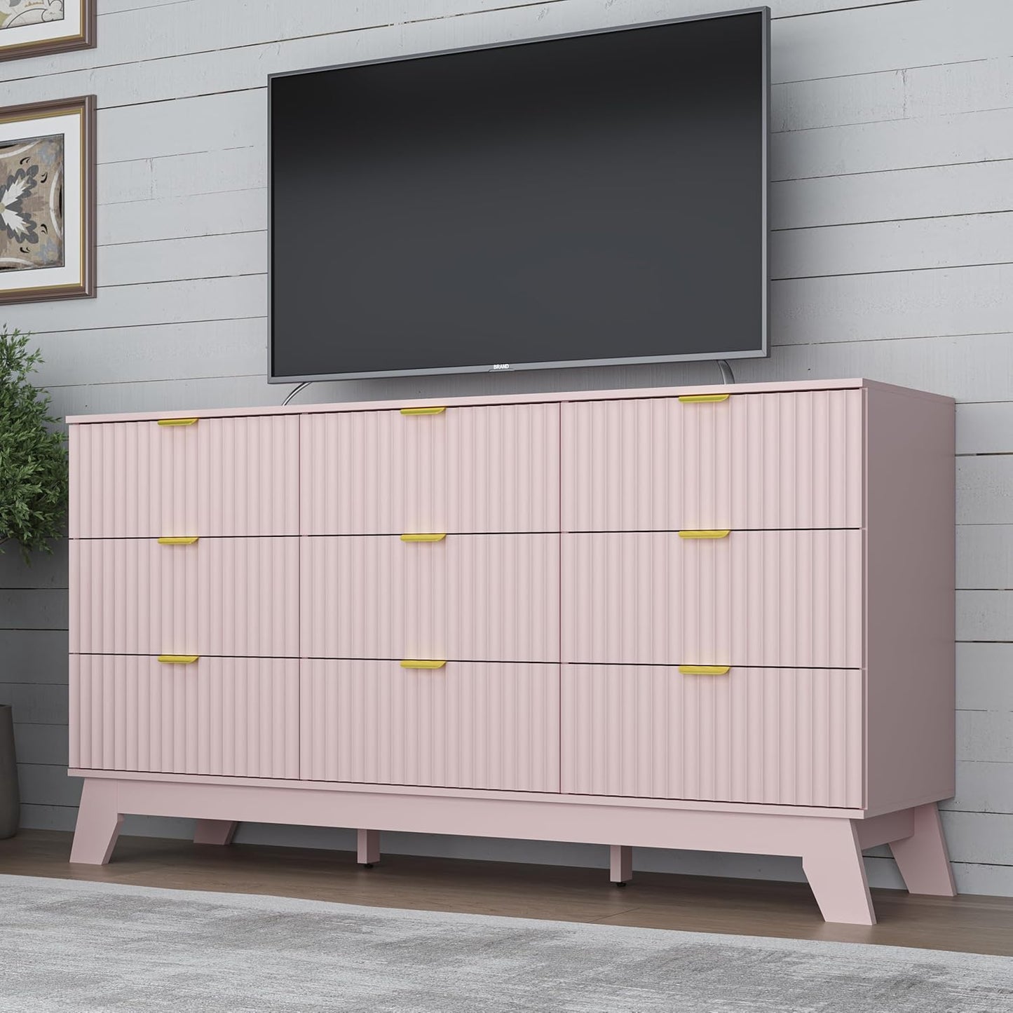 Fluted 9 Drawer Dresser, 57.1" Wide Modern Boho Chest of Drawers, Wooden Storage Dresser TV Stand for Bedroom, Living Room, Closet, Hallway, Curved Profile Design