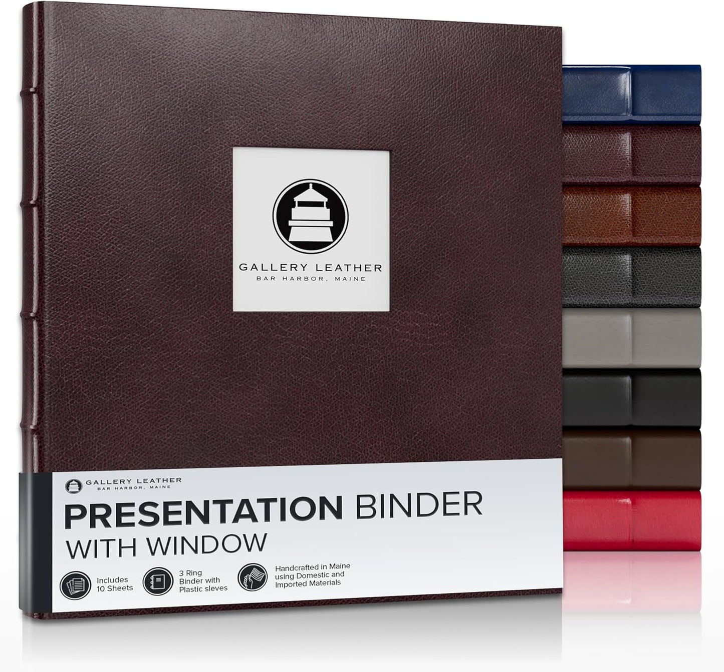 Gallery Leather 3 Ring Binder with Plastic Sleeves, Includes 10 Sheets, Sheet Size: 8.5" x 11" - Presentation Binder Rings with Window and Hubbed Spine, Thick: 0.75" Belfast Brown