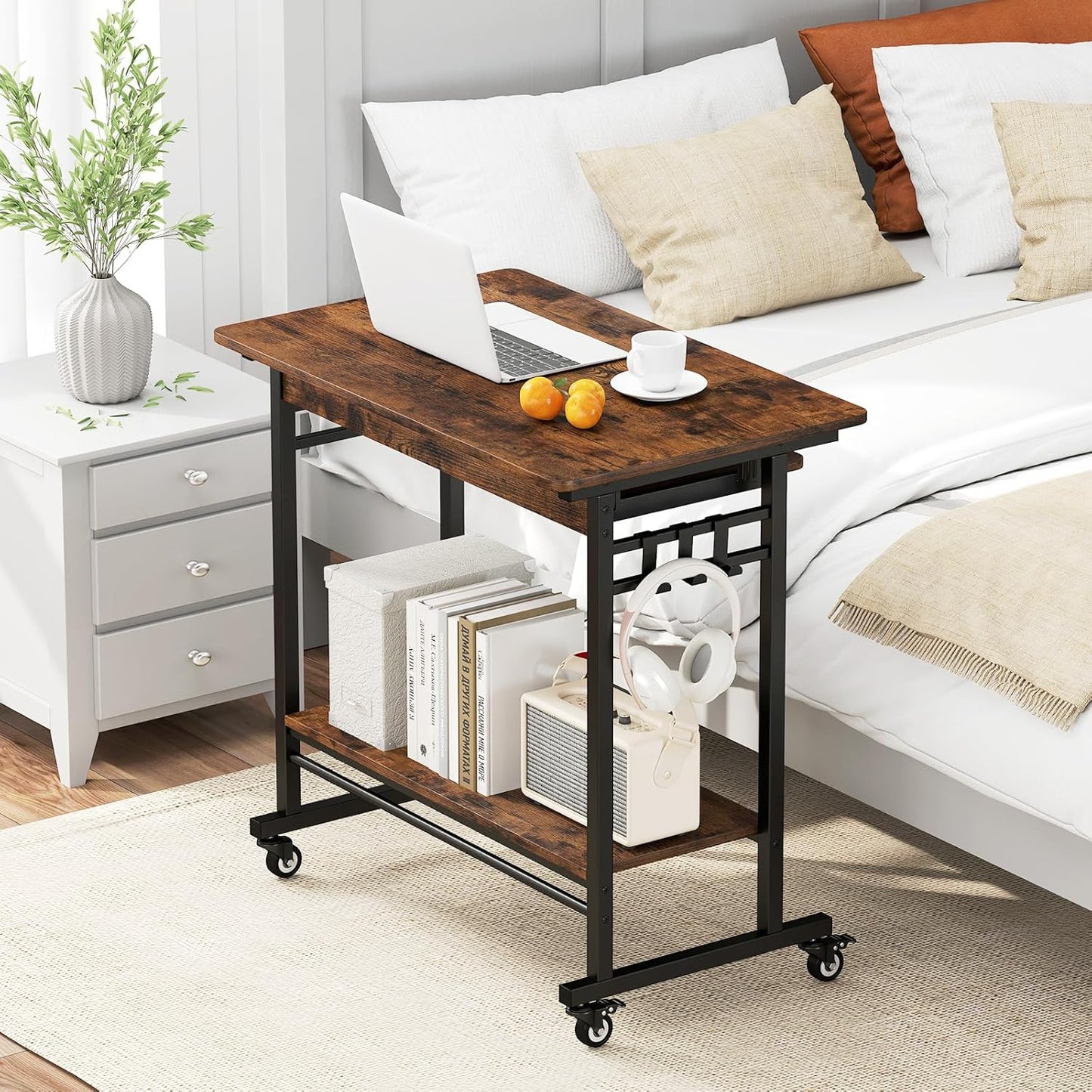 Tangkula Rolling Computer Desk Cart with Keyboard Tray, Mobile Portable Laptop PC Desk with CPU Stand & 3 Hooks for Sofa & Bed, Industrial Small Desk on Wheels for Small Spaces, Home Office Desk