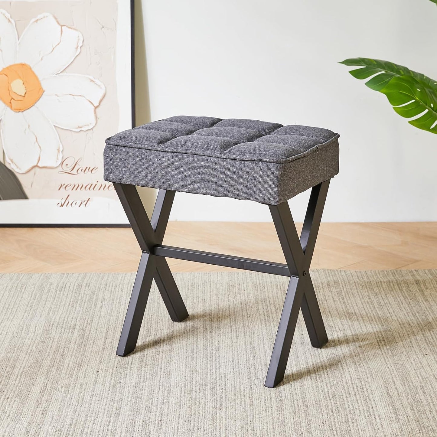 IBUYKE Square Makeup Stool with X-Leg Foot Rest, Linen Footrest, Ottoman Seat, Multi-Use as Small Side Table, for Bedroom, Living Room, Dark Gray LG-70G