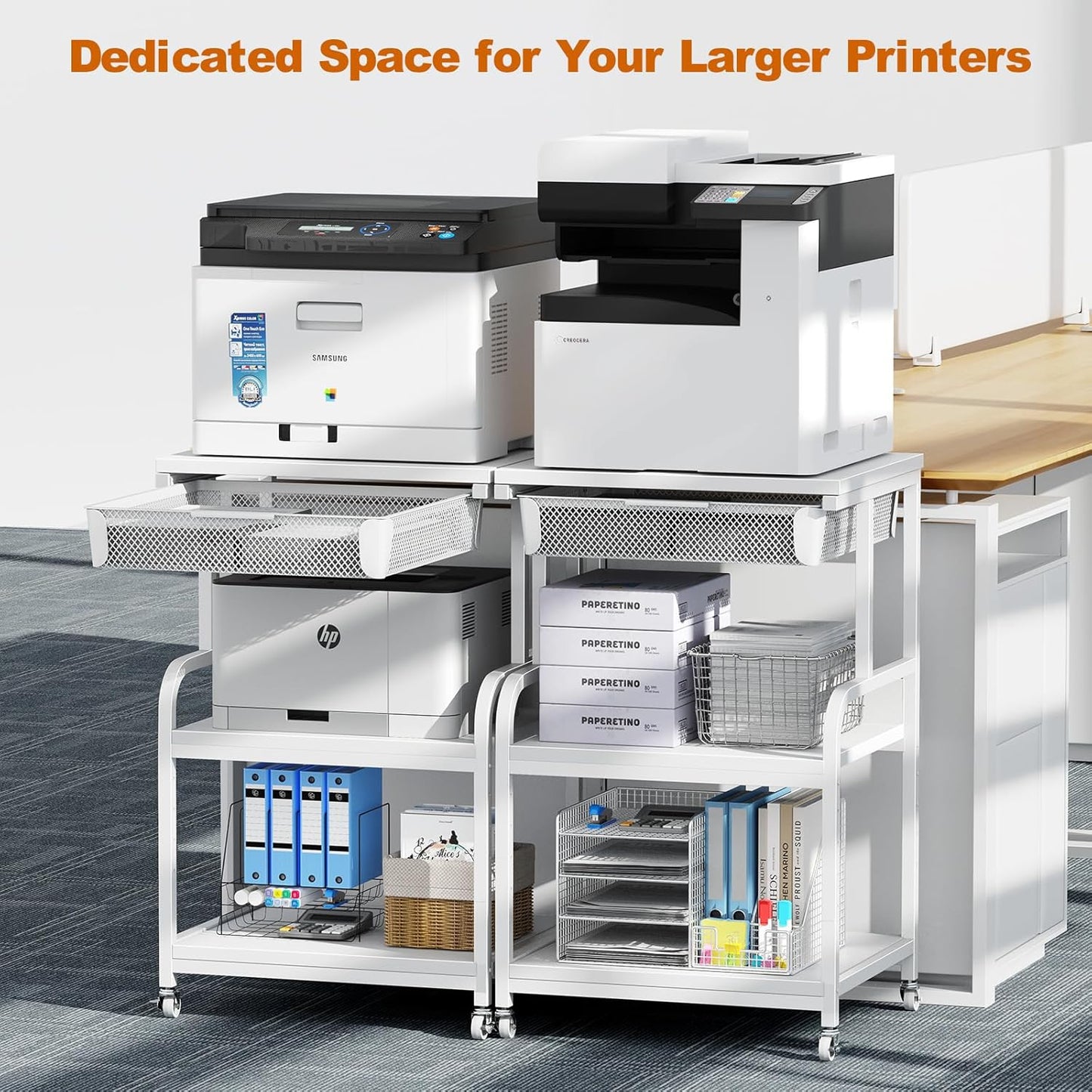 EasyCom Large 3-Tier Rolling Printer Stand with Storage Drawer & 5 Adjustable Shelves Mobile Cart with Industrial Wheels for Home Office Desk Fits 3D Printer, Scanner, and Fax White