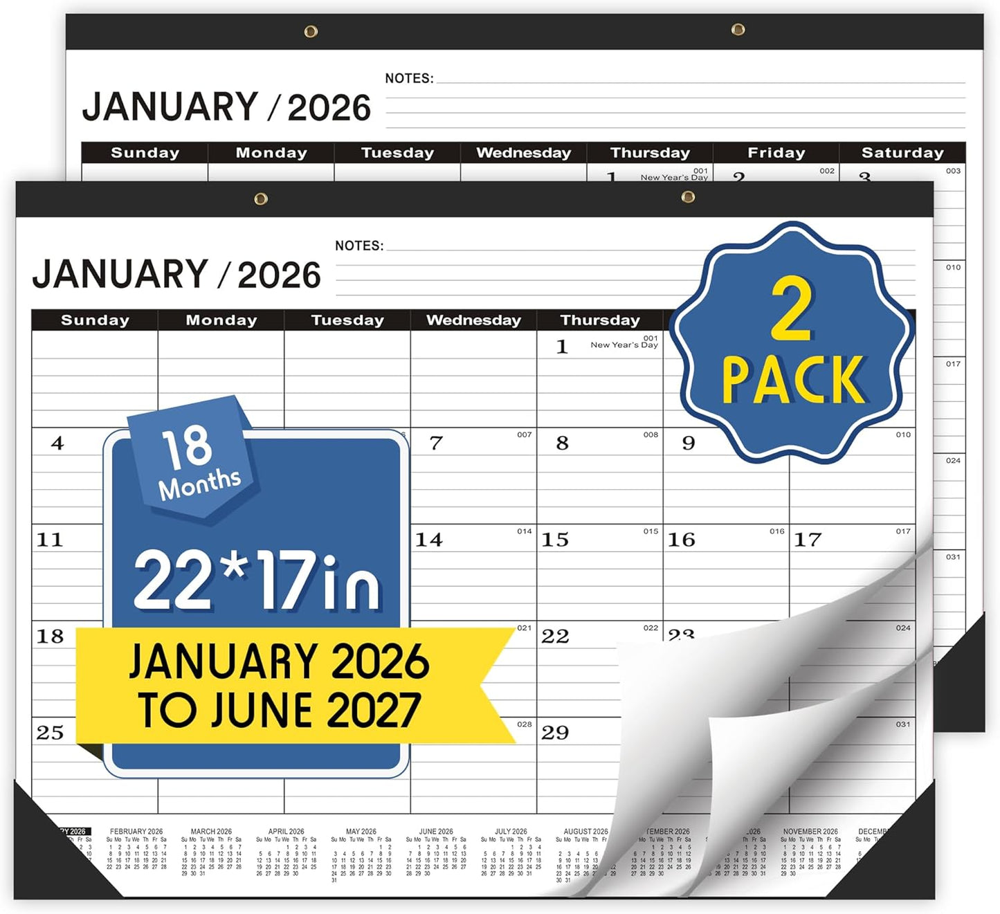 Desk Calendar 2026-2 PACK,January 2026 to June 2027,Desk calendar 2026-2027 Large 22x17, Calendar 2026 with PVC Cover,Round Holes& NOTES List (Black),18 Months 2026 Desk Calender.