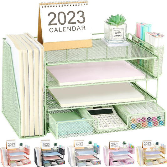 Desk Organizer and Accessories, 4-Tier Desktop File Organizer with Drawer and 2 Pen Holders, Office Desk Accessories for Office Supplies(Green)