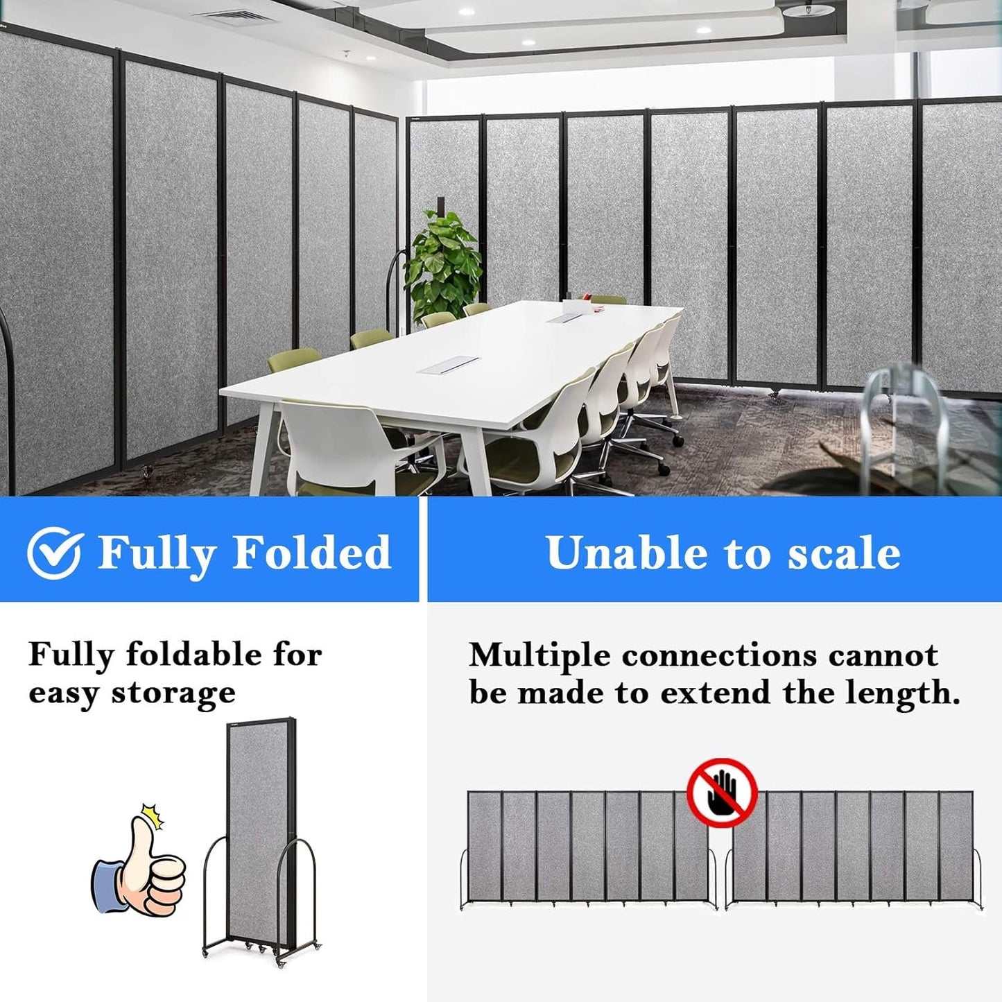 Folding Room Partition,Privacy Room Screen with Arms,Office Dividers Partition Wall,14'3"L* 6'7"H,Light Grey
