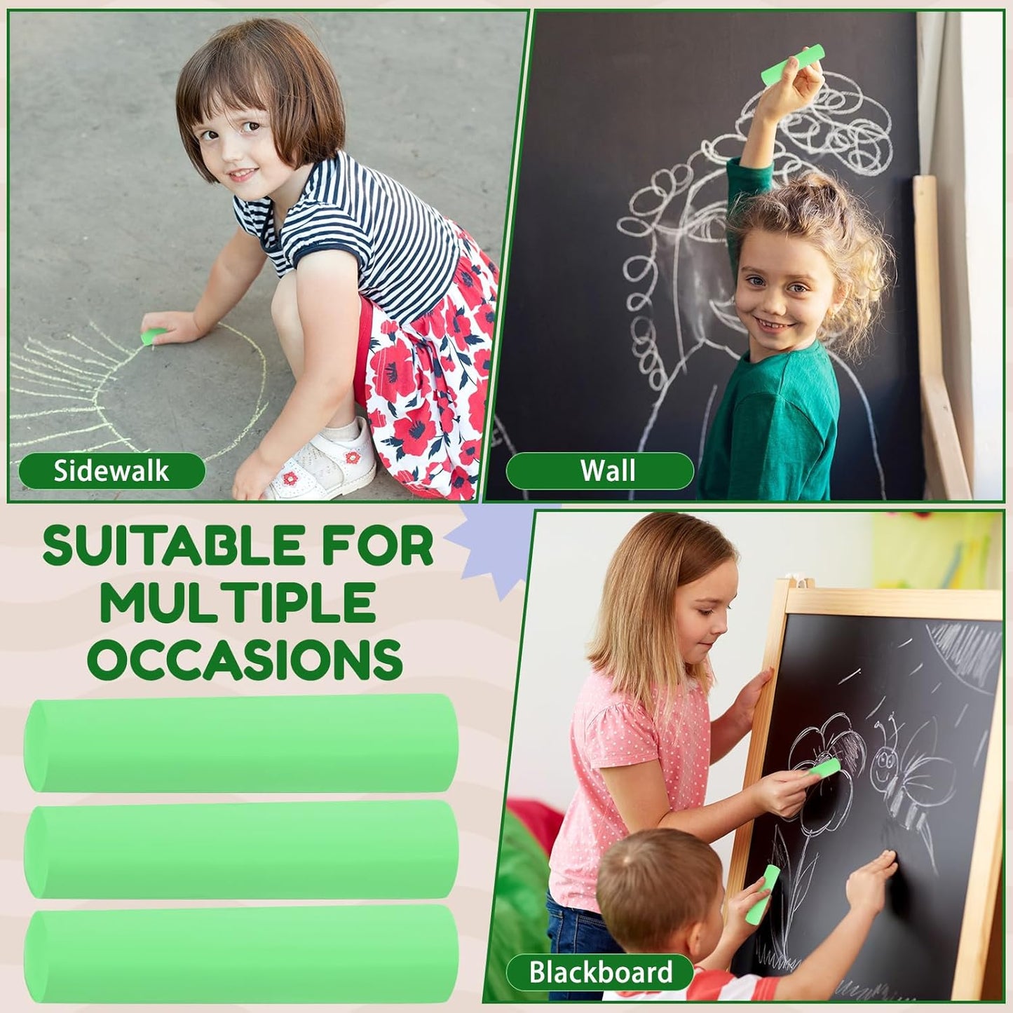 Fulmoon 40 Pcs Jumbo Sidewalk Chalk for Kids Outdoor Art Non Toxic Large Washable Street Chalk for Adults Drawing Painting Classroom(Fruit Green,Round Style)