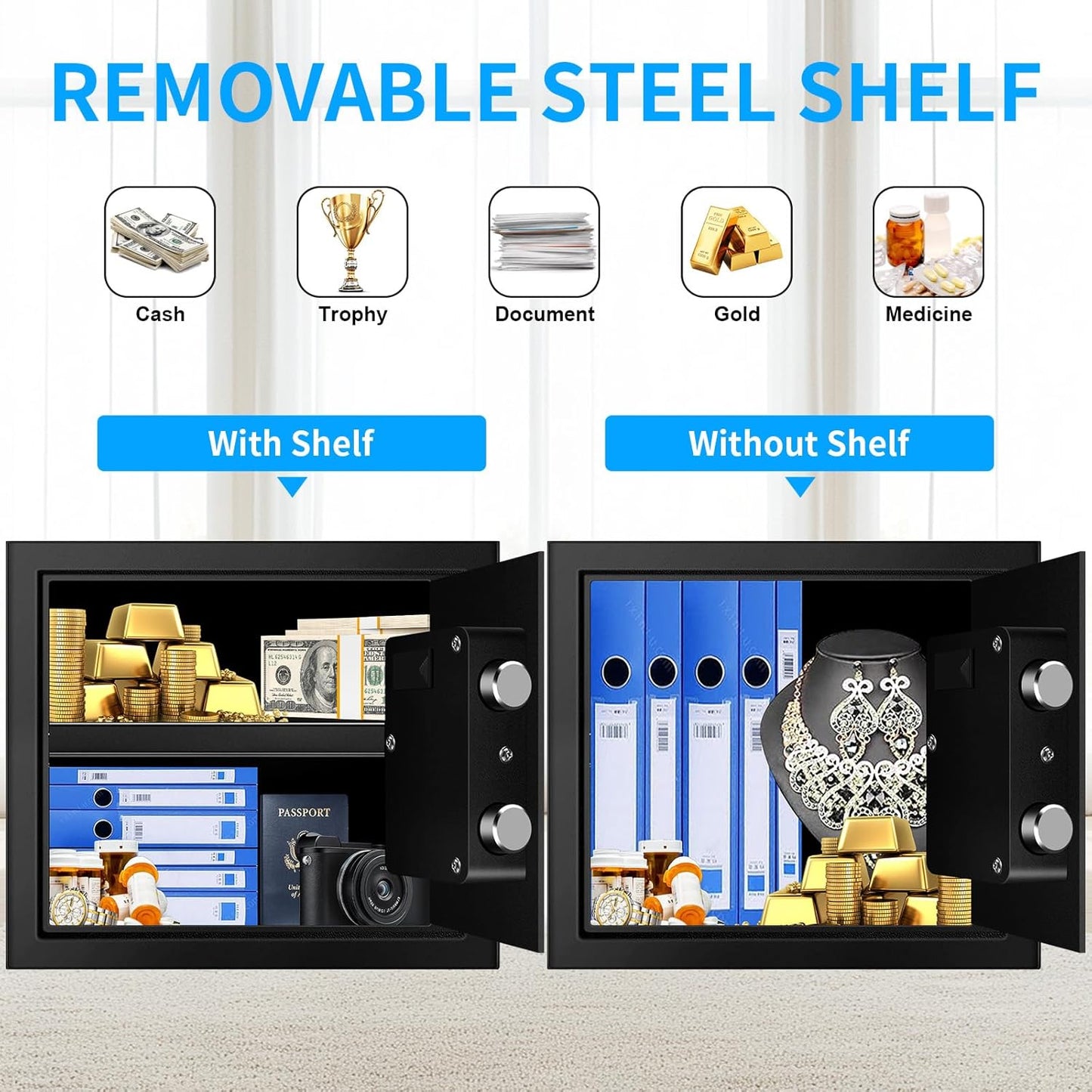 1.6 Cuft Fire proof Safes for HOME USE, Anti-Theft Digital Security Safety Box with Programmable Keypad and Spare Keys, Home Safes Fireproof Waterproof for Money Medicine Document Valuables