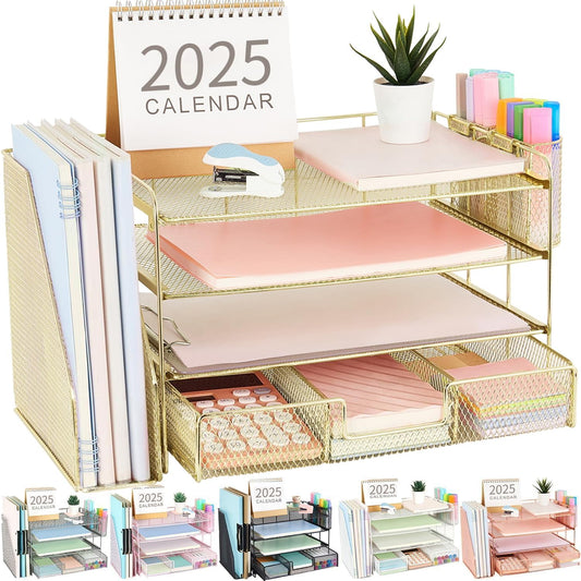 gianotter Desk Organizers and Accessories with File Holder, 4-Tier Desk Accessories & Workspace Organizers with Drawer and 2 Pen Holder, Paper Organizer for Office Supplies(Gold)