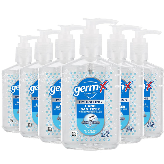 Germ-X Hand Sanitizer, Hydrating with Hyaluronic Acid, 8 Fl Oz Pump (Pack of 6) Instant & No Rinse Formula for All Skin Types, Back to School Supplies, Formulated without Parabens, Phthalates & Dyes
