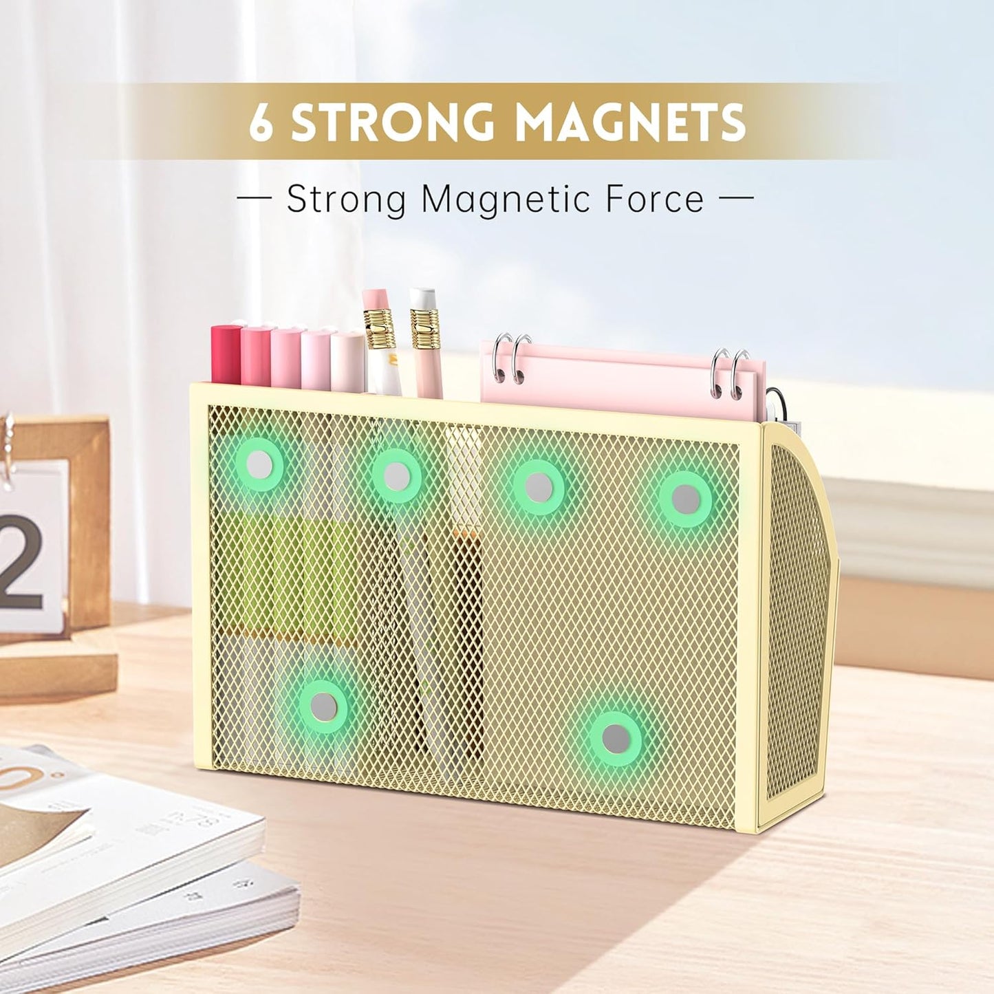 DALTACK Magnetic Pencil Holder Magnetic Shelf for the Whiteboard 3-Grid Mesh Magnetic Pen Holder for Refrigerator Magnetic Organizer Locker Accessories Organizer for Office, Golden Yellow