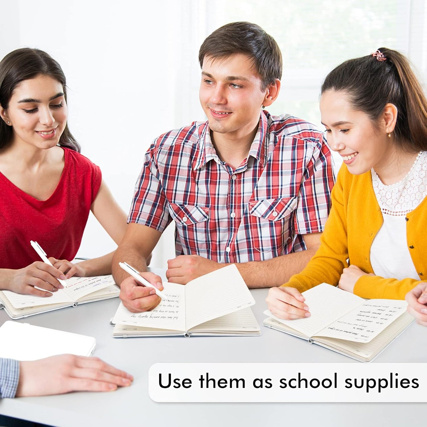 feela 5 Pack Notebooks Journals Bulk, Hardcover Notebook Classic Ruled Lined Journals with Pen Holder for Women Girls School Business Supplies, with 5 Black Pens, 120 GSM, 5.1”x8.3”, A5, White