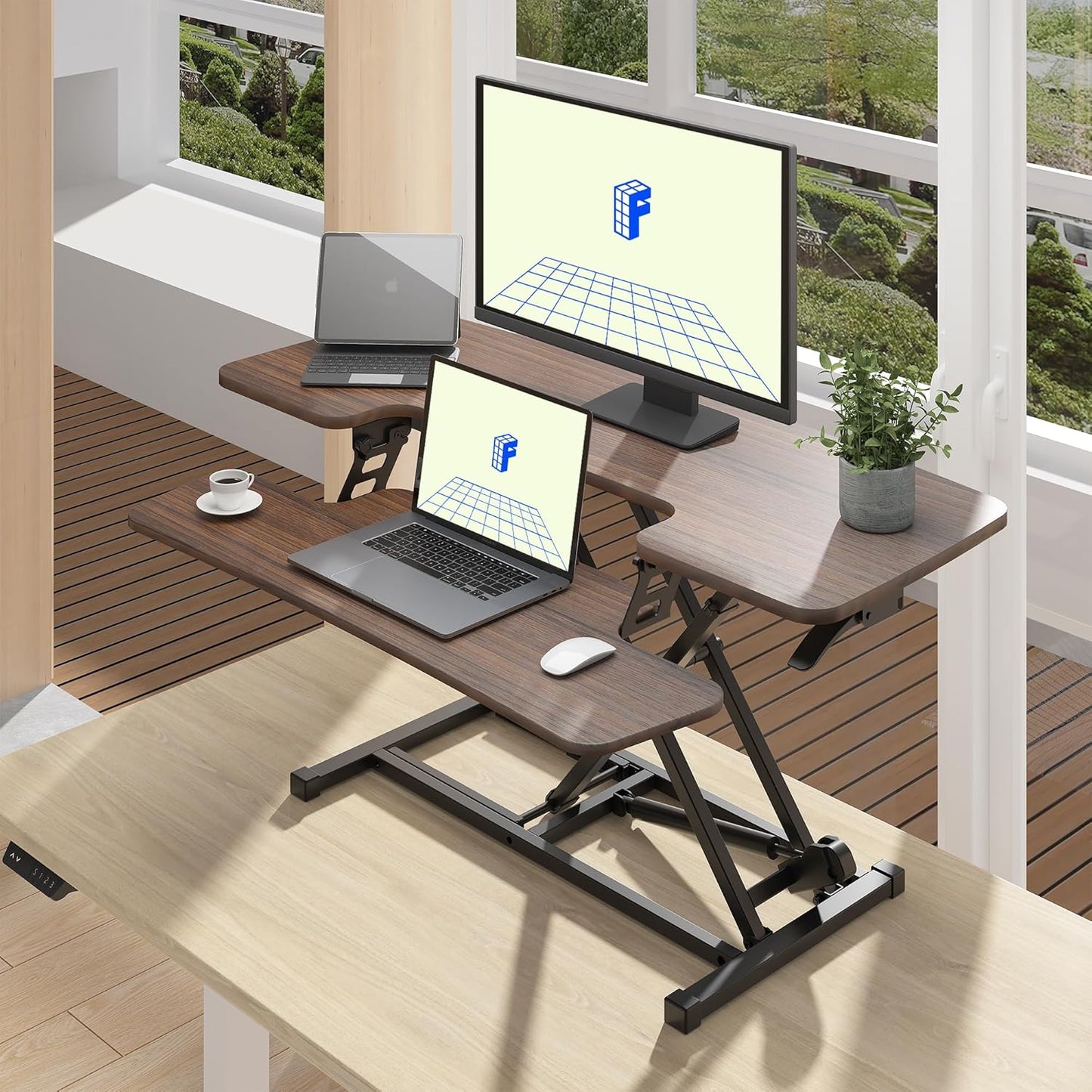 FLEXISPOT 42" Height Adjustable Standing Desk Converter Sit-to-Stand Desk Riser for Home and Office Computer Workstation with Wide Keyboard Tray, Walnut Color