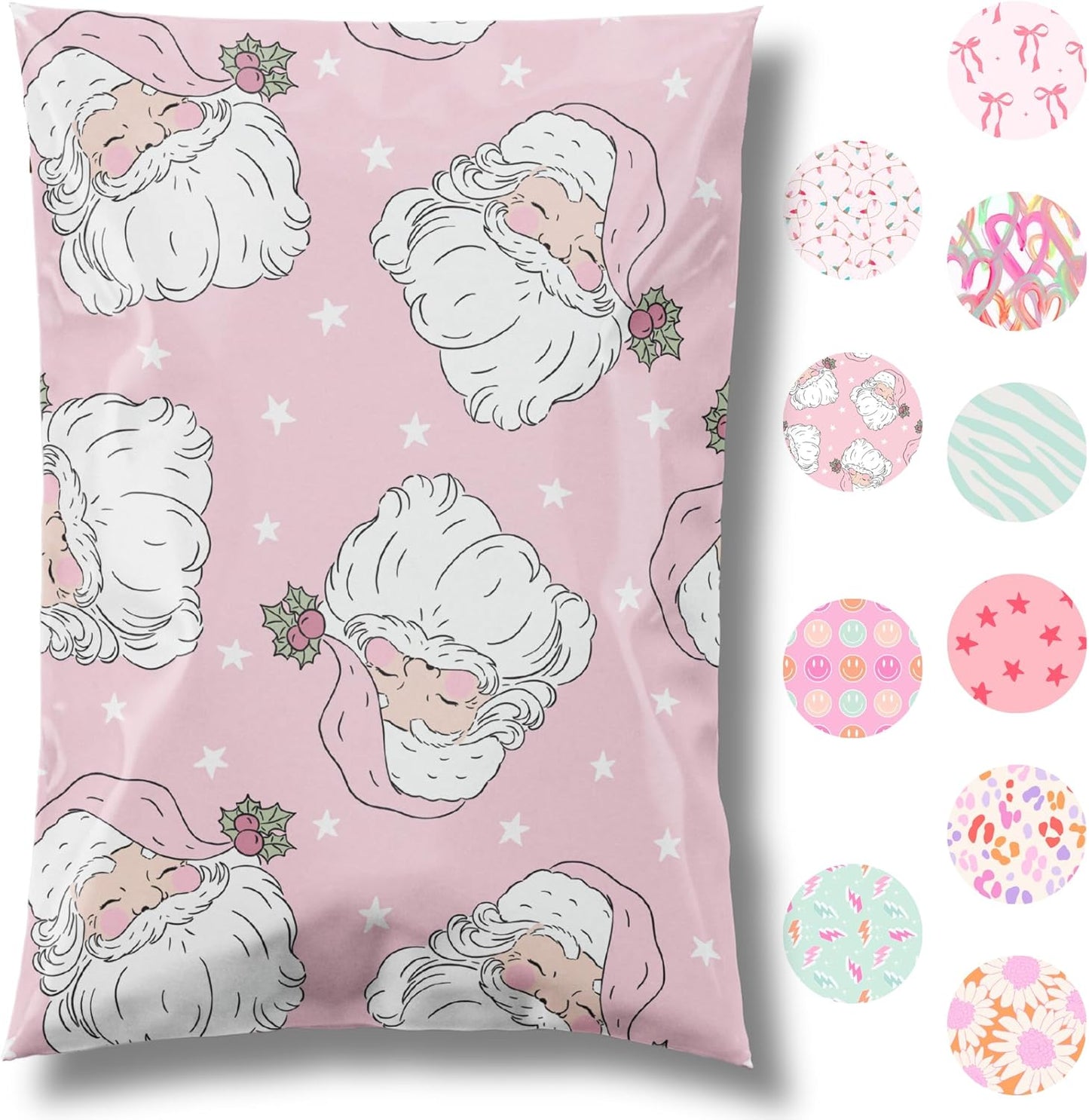 14.5x19 Designer Christmas Holiday Poly Mailers 100 Pack Heavy Duty Waterproof Self Seal Shipping Bags Large Mailing Envelopes Bulk Tear Resistant Cute Packaging Pink Santa