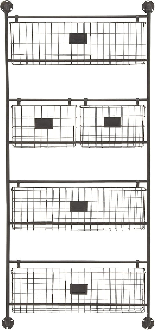Deco 79 Metal Tall Wire 5 Slot Magazine Rack Holder with Suspended Baskets and Label Slots, 27" x 5" x 61", Black