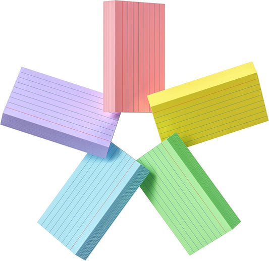 250 Count Colored Index Cards 3x5, 180gsm Heavy Weight Flash Cards, Ruled Index Cards, 5 Color (50 Sheets Each), Portable Note Taking for Students, Teachers, Study Note Cards for Office Home School