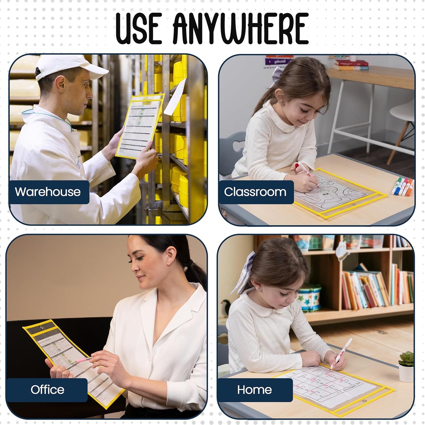 Essex Wares - 5 Pack, Yellow, Job Ticket Holders, 10" Wide x 13.5" Tall - Clear Plastic Shop Ticket Holders - Easy to Use, Reusable & Easy Erase Plastic Invoice Holders, Water-Resistant & Durable