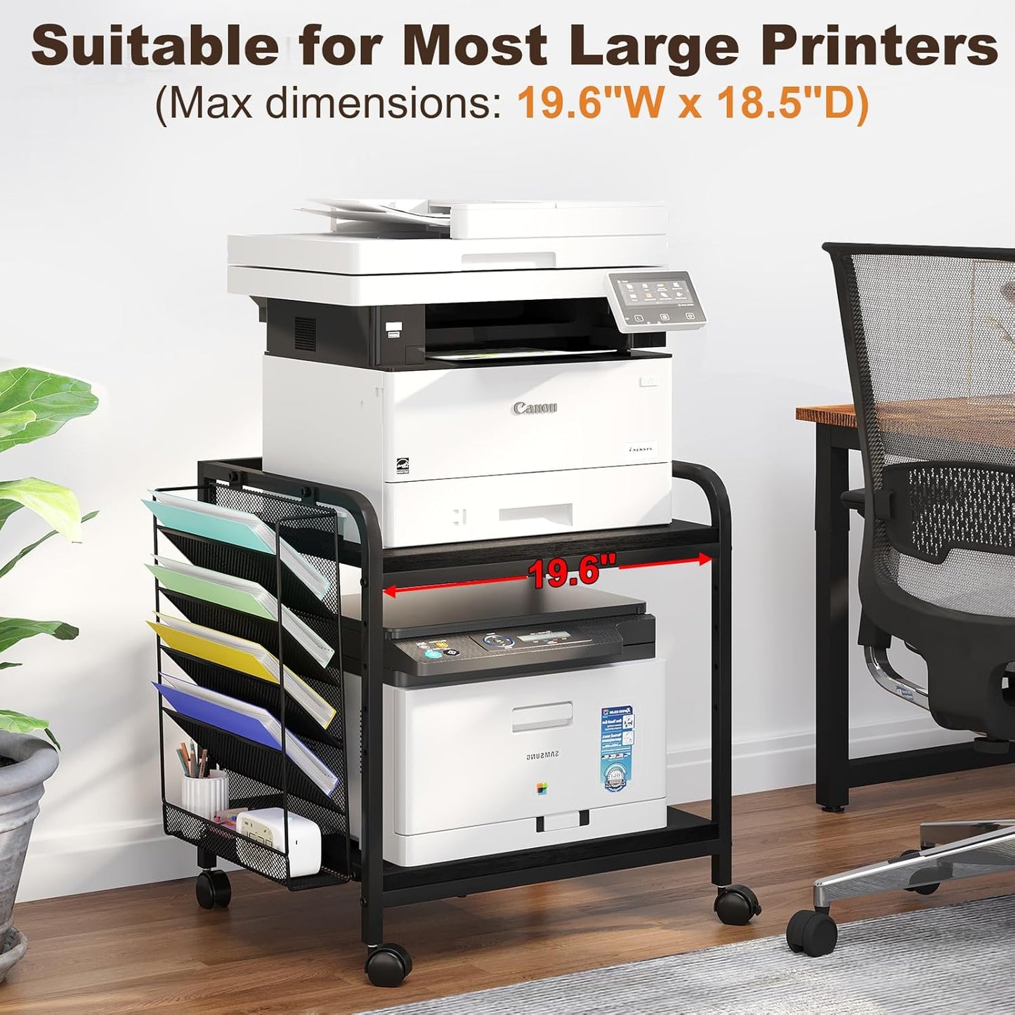 EasyCom Large Printer Stand with File Holder Organizer, Adjustable Height Shelf with Wheels, Rolling Printer Cart with Storage for Printer Scanner Fax Home Office Use Black