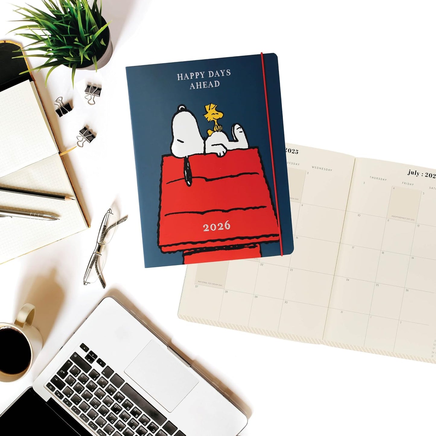 18 Month Planner/Calendar by Graphique, July 2025 – Dec. 2026 Peanuts Happy Days Ahead Monthly Planner, Holidays, Notes Pages, 8” x 10”