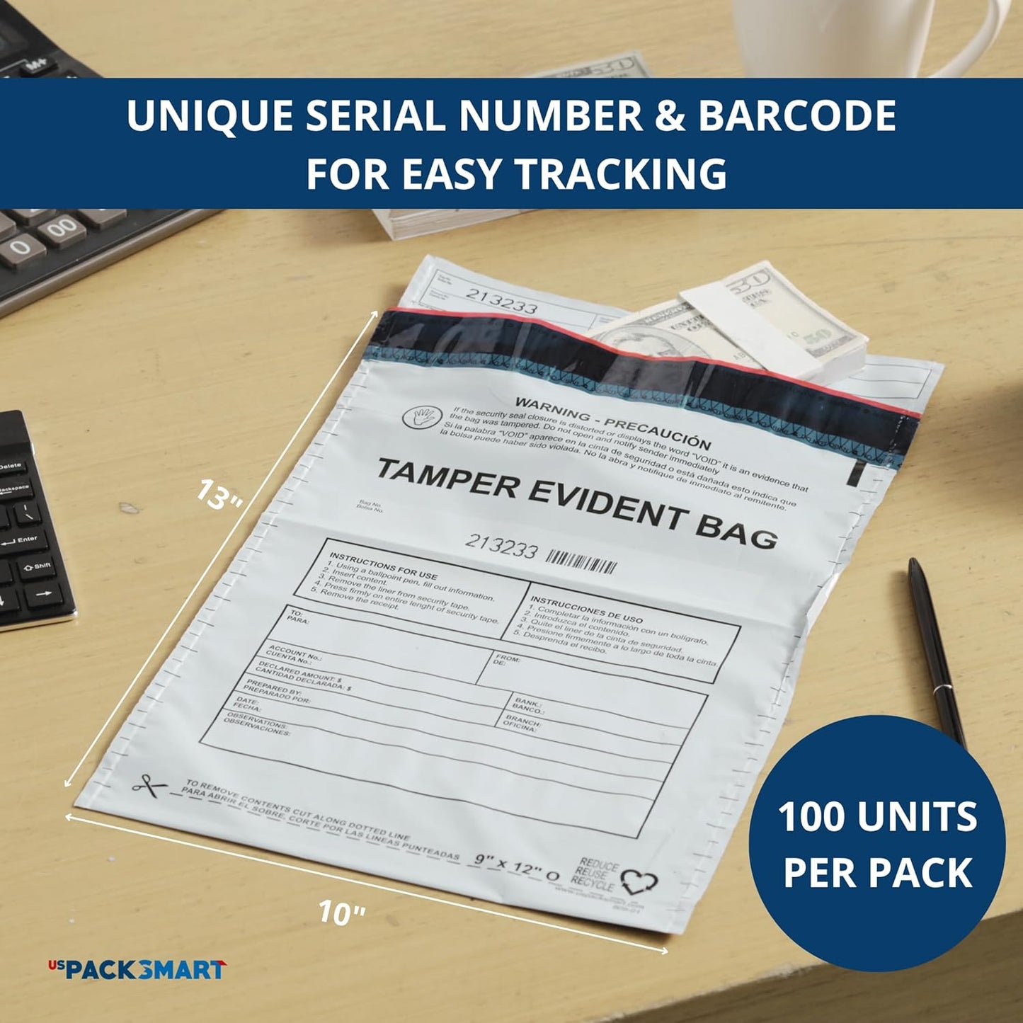 10"x13" Opaque Plastic Deposit Bags with Security Tape Tamper Evident - Secure Bank Deposits, Cash Handling, & Currency Transport | Self-Sealing Tape with Hidden Graphics | 100-Pack