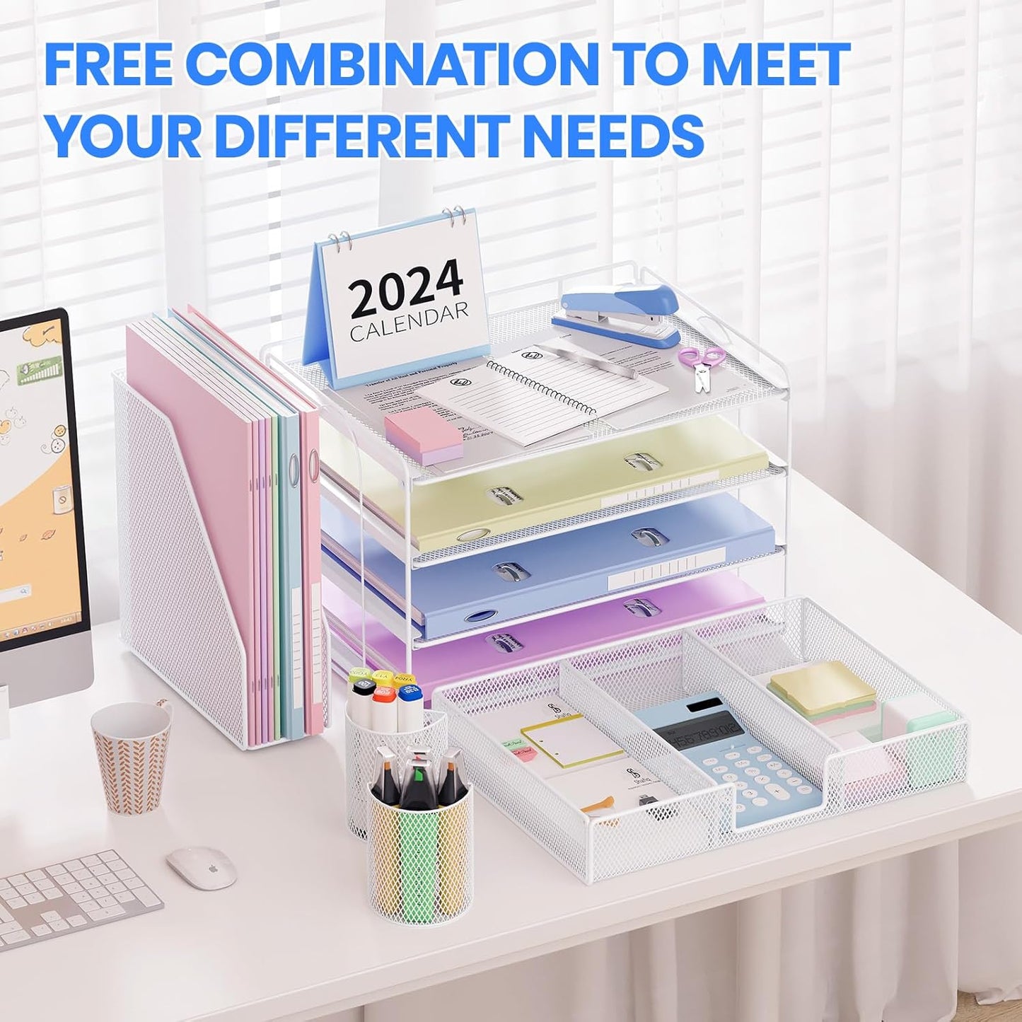 Desk Organizer and Accessories, 4-Tier Desktop File Organizer with Drawer and 2 Pen Holders, Office Desk Accessories for Office Supplies(White)